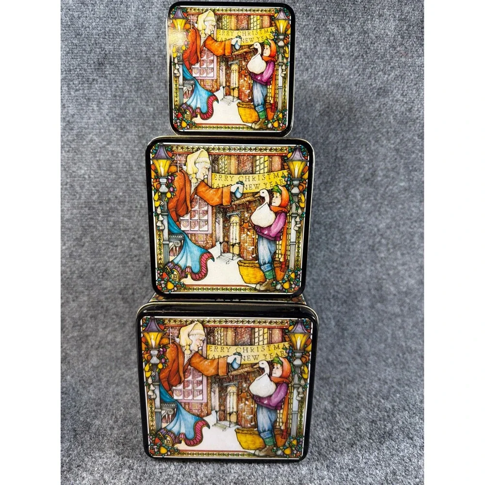 Vintage 1987 Enesco A Christmas Carol Stacking Nesting Tins Set of 3 Scrooge